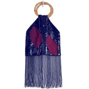 Vintage 90s Fringe Beaded Sequin Feather Bamboo Handle Bag, Burgundy Black